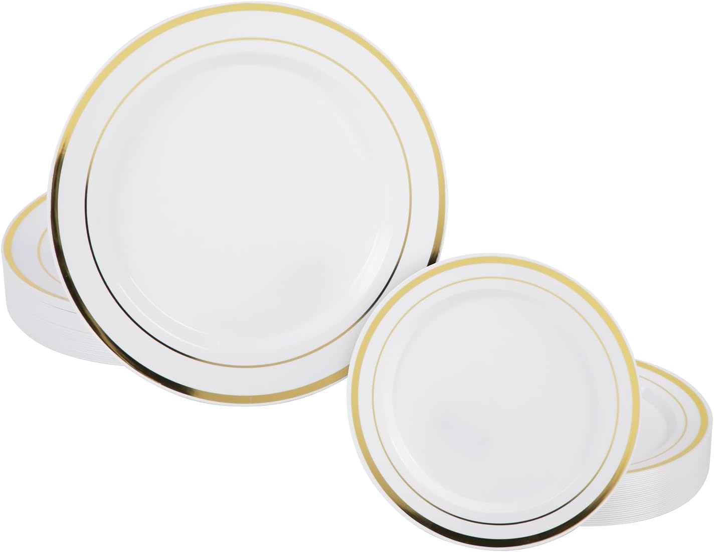Prestee 50-Piece Disposable Plates Set - White with Gold Rimmed Plastic Plate for Parties, Holidays, Weddings - Includes 25 Dinner Plates and 25 Small Salad Platter - Ideal Thanksgiving Plate