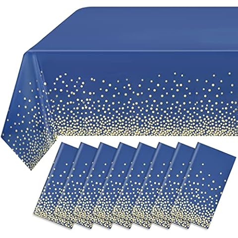 8 Pack Disposable Plastic Tablecloths, Dark Blue Gold Party Table Cloth, 54x108inch Dot Confetti Rectangular Navy Blue Plastic Table Covers for Picnic Wedding Birthday Parties Baby Shower Decorations Cover