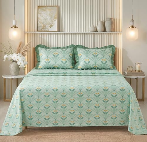 Image of BSB HOME Frill Bedsheet Set with 2 Pillow Covers - Ultra Soft Breathable Cotton Feel Fabric, Lightweight Skin-Friendly Double Bed Sheet for All Season Comfort - 228 x 254 cm (Sage Mist)