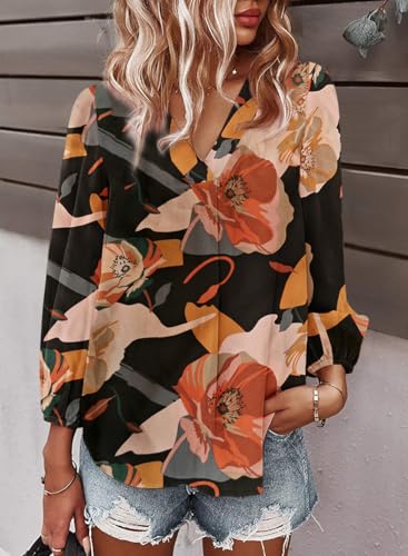 Samefar Women's Long Sleeve Pom Pom Top V Neck Pleated Shirts Casual Loose Blouse3