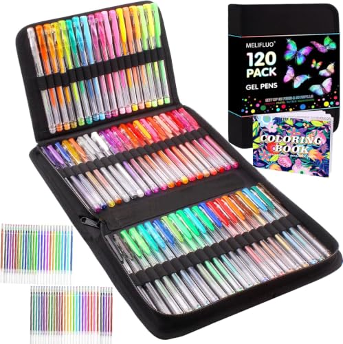 Melifluo 120 Pack Glitter Gel Pens 60 Gel Pens for Colouring with 60 Refills in Zipper Case for Adult Colouring and Drawing Writing