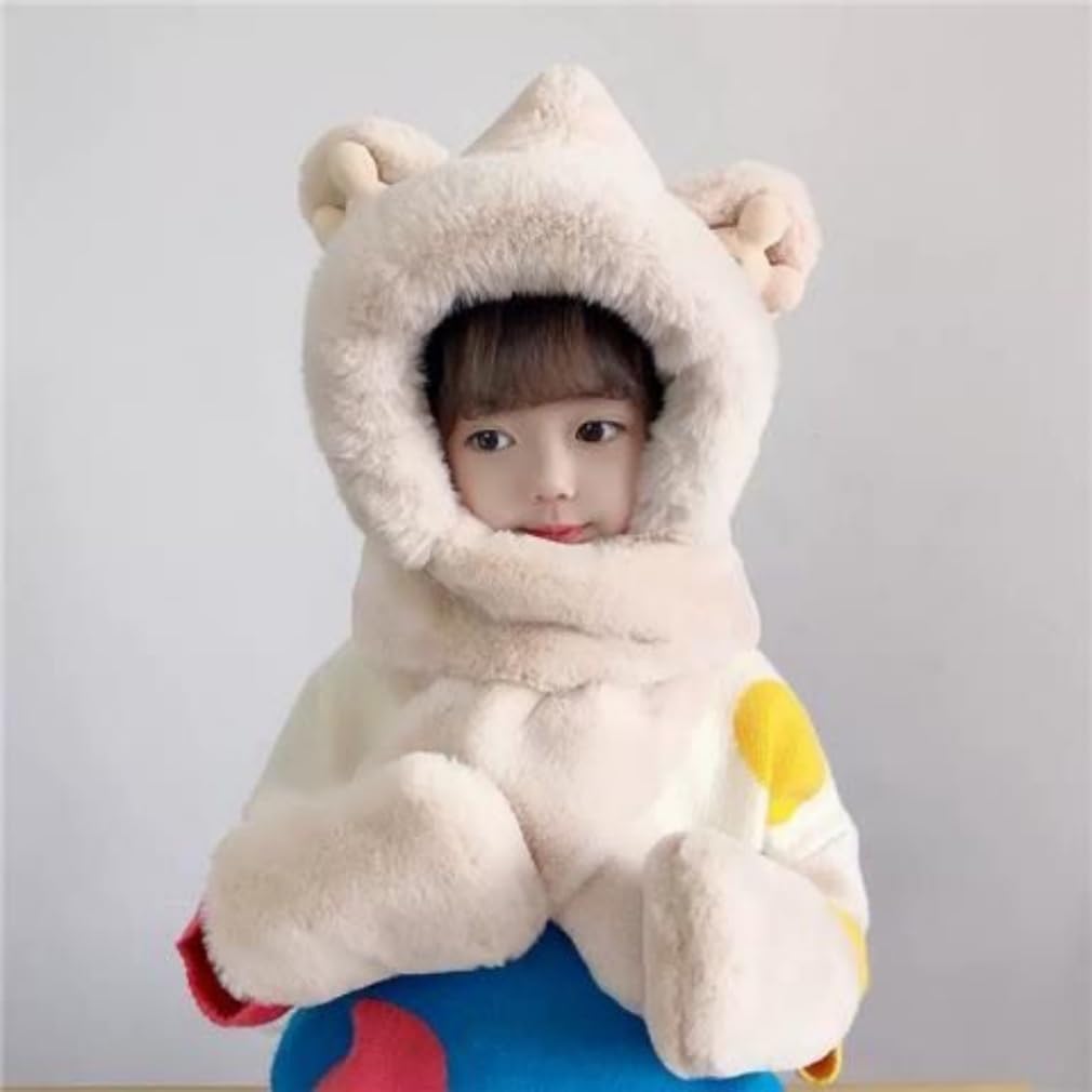 Kid Animal Hooded Hat 3 in 1 Furry Earflap Cap Scarf Mittens Cute Bear Warm Winter Plush Hoodie Hat Full Pocket Set for 6-12Y - Image 3