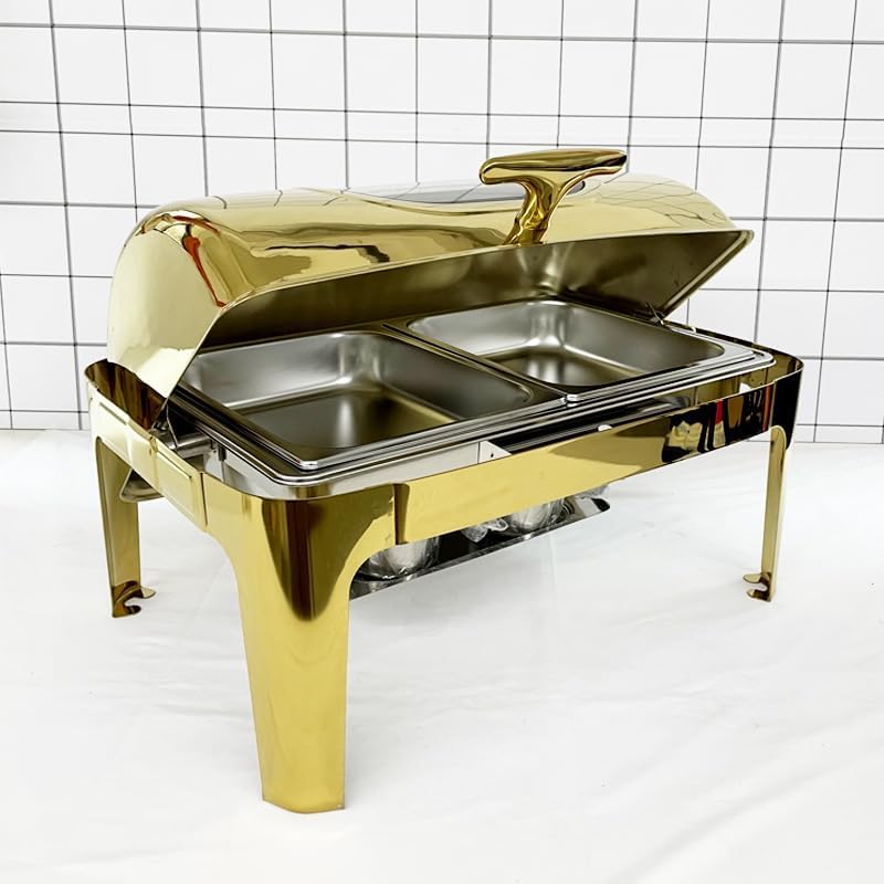 Miniatura 2 de Juego de bufé de platos de rozamiento con tapa enrollable, juego de servidor de rozamiento de acero inoxidable de 9 cuartos para catering,