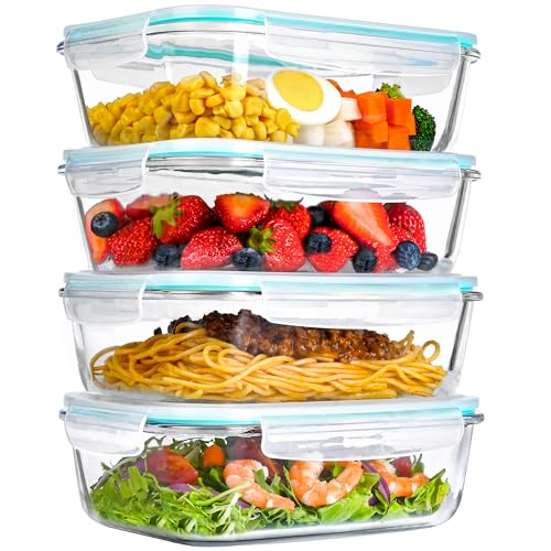 LOVYANXUE 4 Pack 52oz Large Glass Food Storage Containers with Lids, Meal Prep Containers with Airtight Lid for Storing, Baking, Serving, BPA-Free, Freezer, Microwave, Oven & Dishwasher Safe