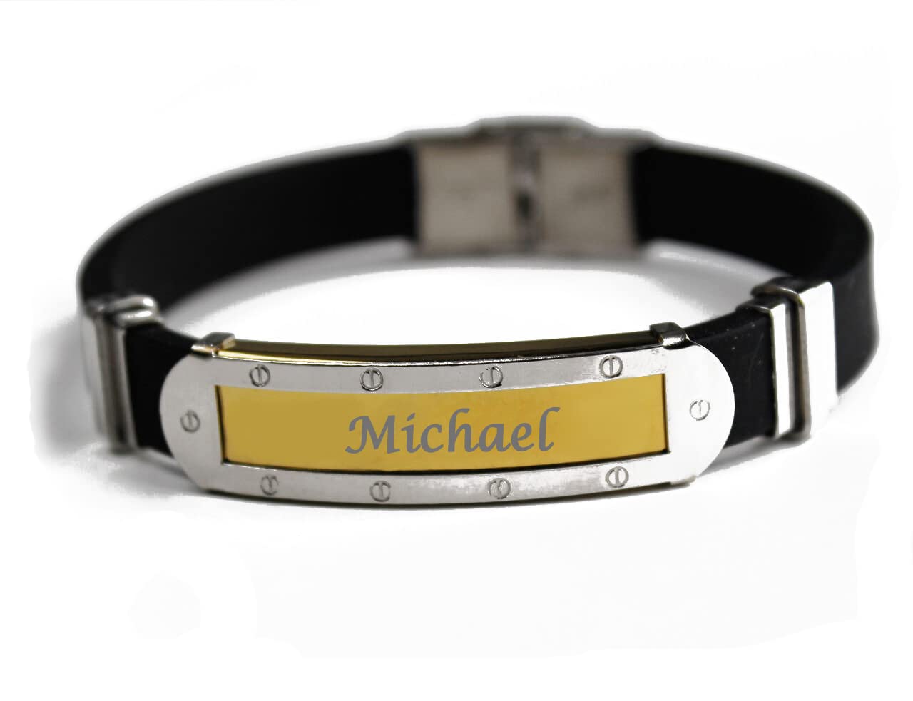 Zacria Name Bracelet MICHAEL - Personalised Mens Silicone & Gold Tone Engraved Bracelet. Including Gift Box and Gift Bag. 5mm thick Nameplate., Leather Silicone