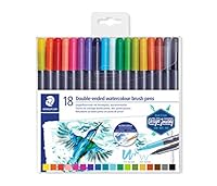 STAEDTLER Double-Ended Watercolour Brush Pens 18 Pack, Assorted Colours, 3001 TB18, Flexible Like A Brush Or A Pen, Ideal For Variable Strokes And Shading, Can Be Used With Or Without Water
