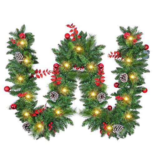 Guirnalda Navideña Artificial Premium 270cm, Guirnalda Navidad con Luces con Temporizador, Decoración Navidad Duradera para Chimeneas, Ventanas, Escaleras, Arco y Fiestas