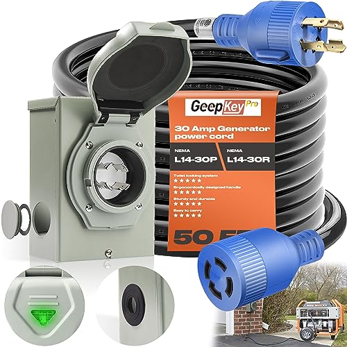 30 Amp Generator Cord and Power Inlet Box [Pre-Drilled], 50FT Generator Cords 30 Amp,125/250 Volt 7500 Watts Generator Power Cord NEMA L14-30P PB30 Twist Lock Connector