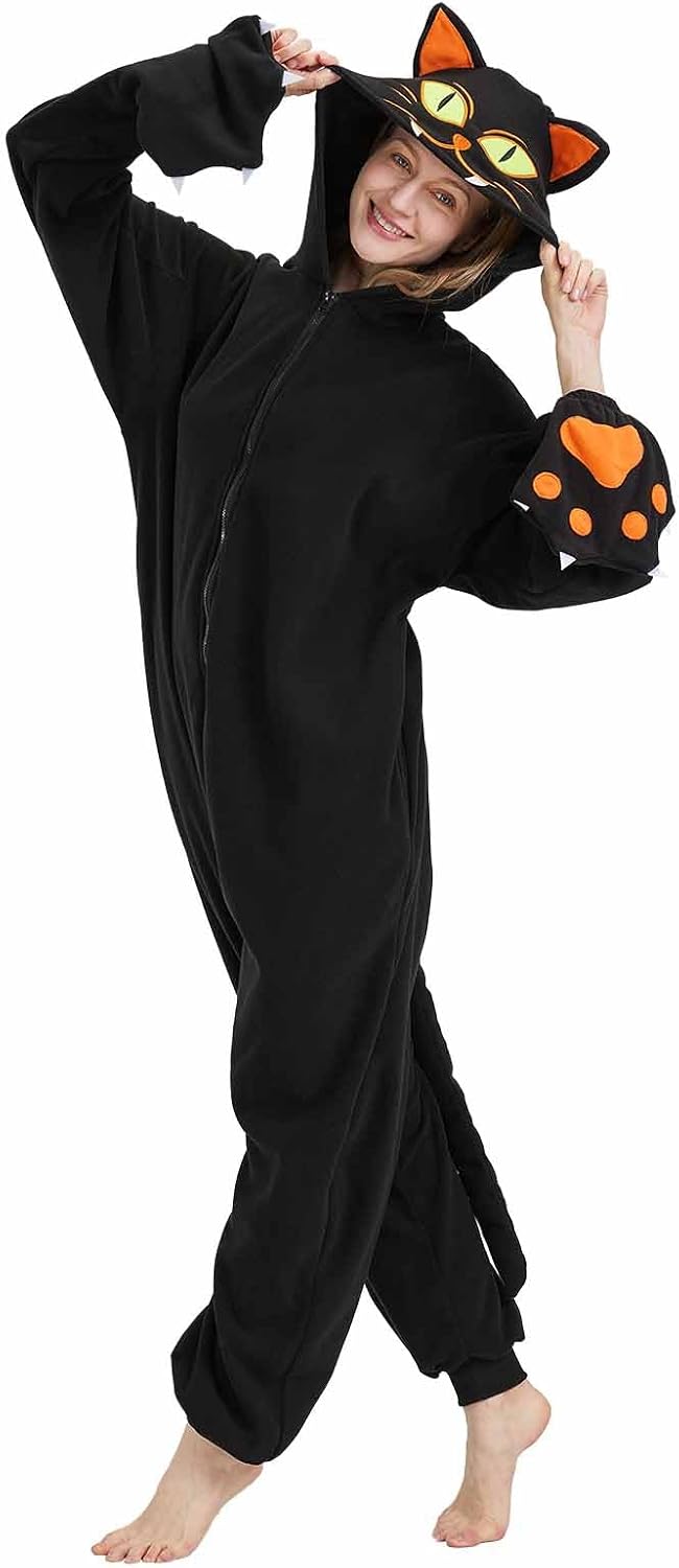 Black Cat Onesie Costumes for Adults with Hood and Cat Paw Covers Halloween Costume One-Piece Cosplay - Image 3