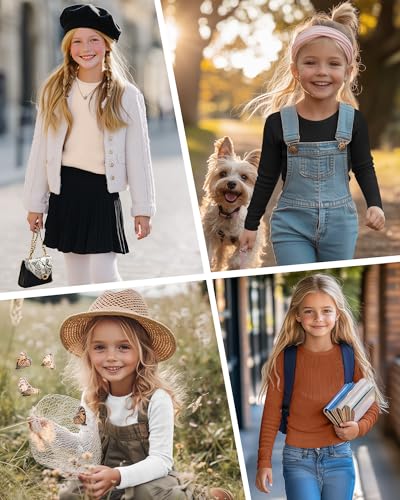 Image of 4 Pack Girls Long Sleeve Shirts Ribbed Knit Cotton Crewneck Tops Slim Fit Soft Casual Kids Base Layer Undershirts