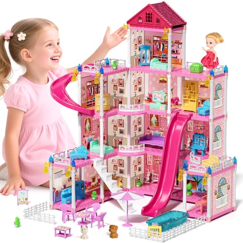 Lehoo Castle Doll House Dreamhome, 4-Story 12 Rooms Dollhouse Playhouse with Doll and Furniture, Pretend Dream Dollhouse Playset Pink Girl Toys, Sturdy Construction, Easy to Move, Ideal Gift Toy