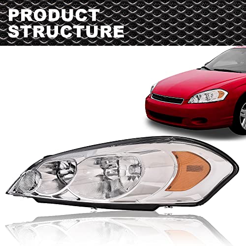 CNNELL Headlights Assembly Compatible with 2006 2007 Chevy Monte Carlo/2006 2007 2008 2009 2010 2011 2012 2013 Impala/2014 2015 2016 Impala Limited Lamp Left(Clear lens Chrome Housing Amber Reflector) - Thumbnail 2