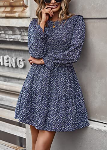 Image of KIRUNDO Long Sleeve Dress for Women 2025 Summer Fall Wedding Guest Smocked Floral Crewneck Ruffle A Line Flowy Mini Dress