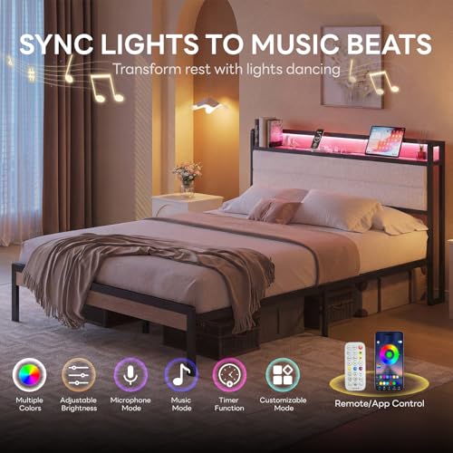 Image of LIKIMIO Queen Bed Frame with Storage Headboard and LED Lights, Metal Platform Bed with Charging Station, Noise Free, No Box Spring Needed, Under Bed Storage, Natural and Cream
