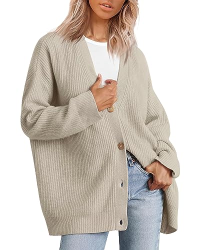 Image of ebossy Women's Open Front Knit Cardigan Casual Long Sleeve Oversized Button Lightweight Sweater Outwear (M, Taupe)