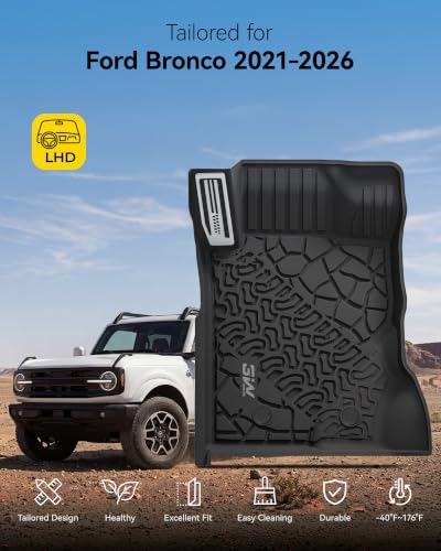 Image of 3W Floor Mats with Metal Pedal for 2021-2025 2026 Ford Bronco 4-Door | Full Protection include underfloor storage mat,All Weather TPE Custom Fit Bronco Floor Liners (Not Fit Sport & Vinyl Floor)