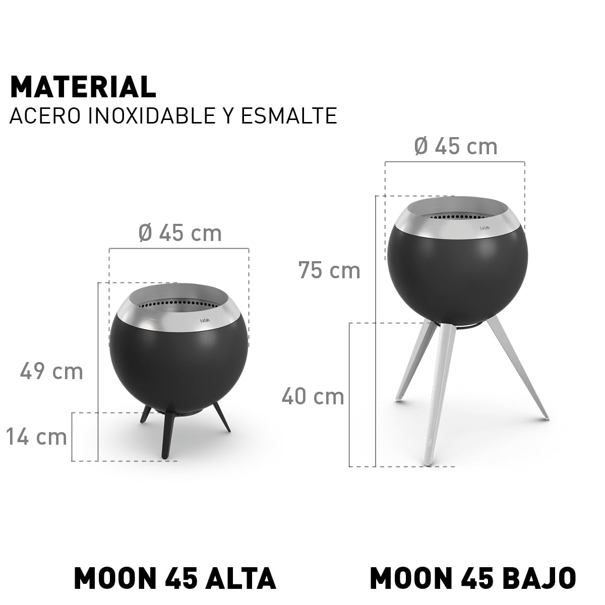 höfats - Brasero sin humo Moon 45 con base baja de acero inoxidable - Brasero esmaltado con tecnología de carburador de madera, proceso de combustión en dos etapas - Hoguera de 45 cm