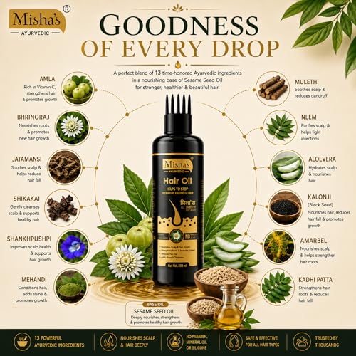 Image of Misha Ayurvedic Hair Oil for Hair Growth & Hair Fall Control with Bhringraj, Amla and Shikakai | Natural Herbal Hair Oil | For Men & Women | 100ml (Pack of 2)