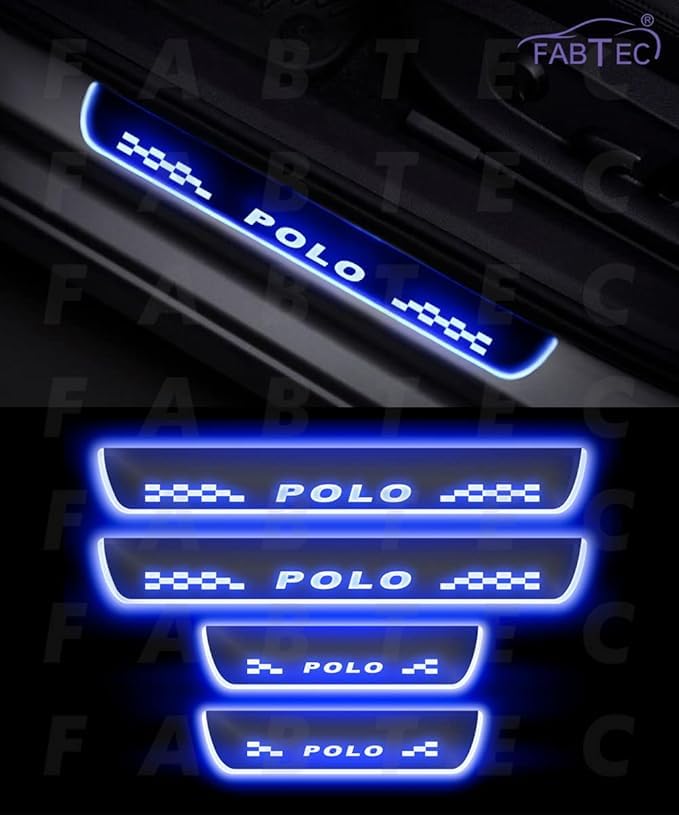 Image of Fabtec Car Door Foot Step Led Sill Plate Compatible with Volkswagen Polo, Anti-Scratch Reflective Mirror Finish, Blue Light, Set of 4 Pcs (6 Months Warranty)