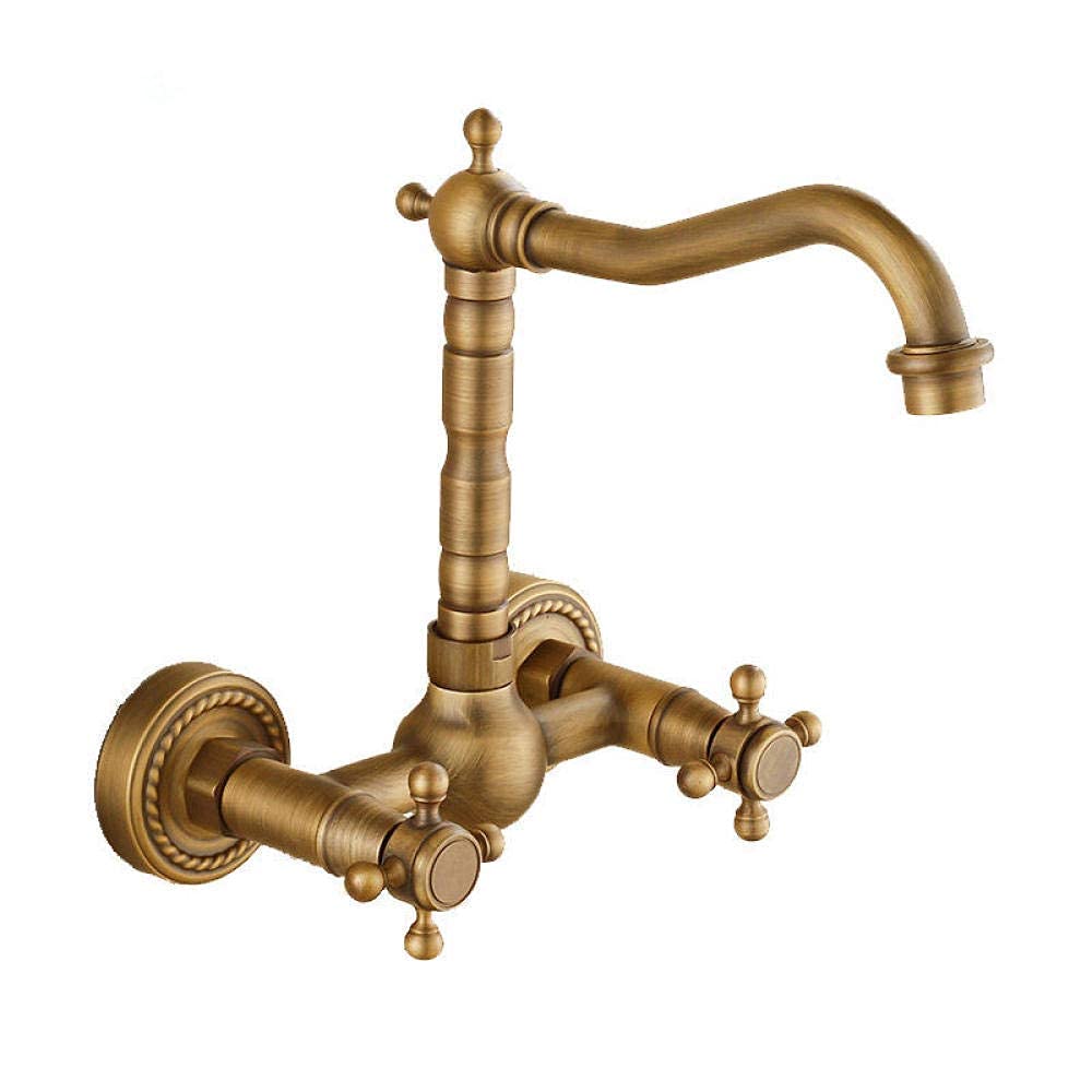 OIFAODAO Water tap, Basin Faucet Brass Sink Mixer Tap Bathroom Hot Cold Wall Mounted Dual Handle 2 Holes