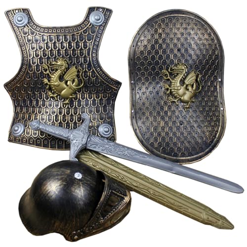 Ferricult 4 Unids/Set Disfraz de Caballero Armadura de Caballero de Plástico para Niños con Casco Espada y Escudo para Niños para Fiestas Temáticas VBS Disfraces Juegos de Roles, Armadura Medieval
