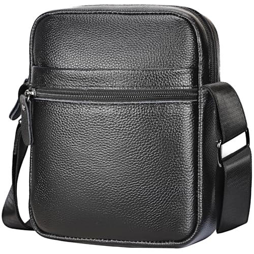 Leathario Men's Crossbody Shoulder Bag, Genuine Leather Small Messenger Satchel for Work Business Travel, Black Side Purse