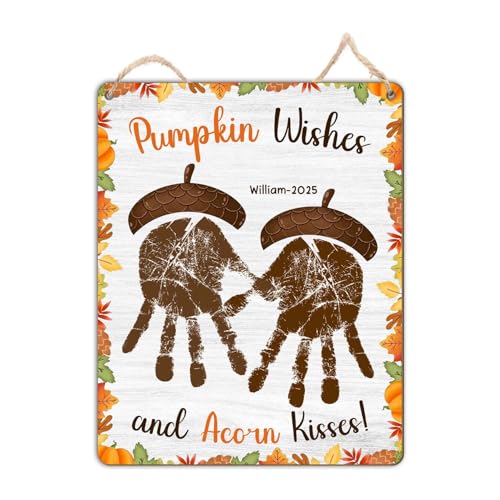 Image of Pumpkin Wishes and Acorn Kisses Fall DIY Crafts for Kids, Fall Preschool Arts Sign Crafts Homeschool Daycare Activities for Autumn, Thanksgiving Halloween Baby Handprint Keepsake Acorns Handprints