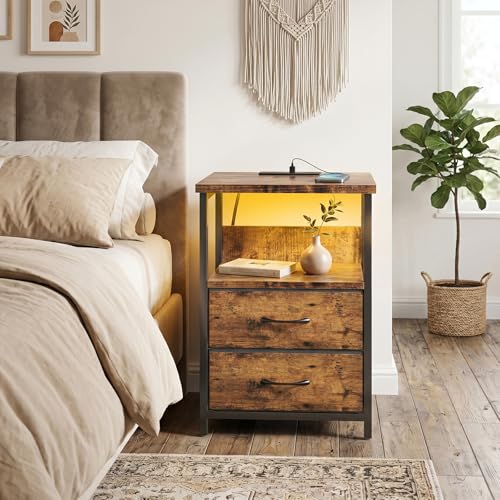 Image of Fixwal Night Stand with Charging Station, LED Nightstand with U-S-B Ports and Outlets, 2 Fabric Storage Drawers with PU Finish, Bedside Table, Rustic Brown