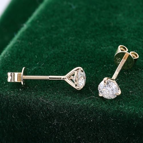 Ayoiow Kolczyki damskie z żółtego złota 18 K, 1 ct, szlif okrągły, biały, moissanit proste kolczyki