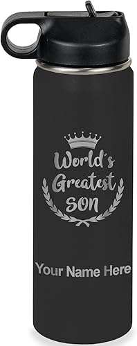 LaserGram Botella de agua con tapa abatible de doble pared de 20 onzas con pajilla, el hijo más grande del mundo, grabado personalizado incluido