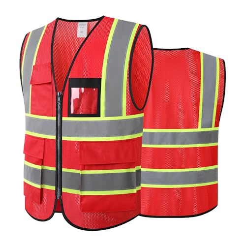 ASIPHITU Safety Vest for Men Women Reflective Construction Vest H-Red 3XL