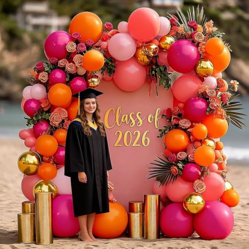 Image of Pink Orange Balloon Garland Double Stuffed Hot Pink Orange Gold Metallic Pastel Balloon Arch Kit for Birthday Baby Bridal Shower Wedding Summer Tropical Graduation Party Decorations