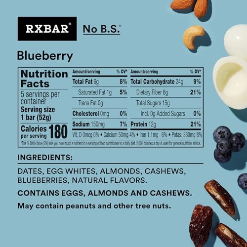 Image of RXBAR Protein Bars, 12g Protein, Gluten Free Snacks, Blueberry (6 Boxes, 30 Bars)
