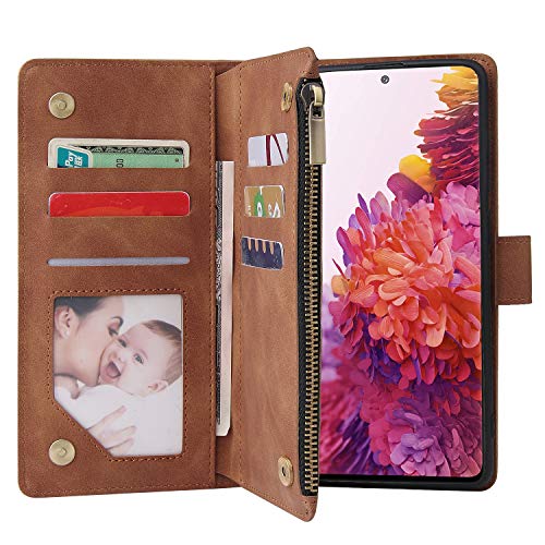 Lbyzcase Phone Case For Galaxy S20 Fe 5G(2020),Samsung S20 Fe Wallet Case,Luxury Folio Flip Leather Cover[Zipper Pocket][Wrist Strap][Kickstand ] For Samsung Galaxy S20 Fe 5G(Fan Edition)-Brown #TOP2