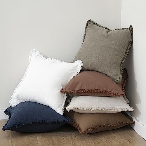 Image of Foindtower Set of 2 Decorative Linen Fringe Throw Pillow Covers Cozy Boho Farmhouse Cushion Cover with Tassels Soft Accent Pillowcase for Couch Sofa Bed Living Room Home Decor,22x22 Inch,White