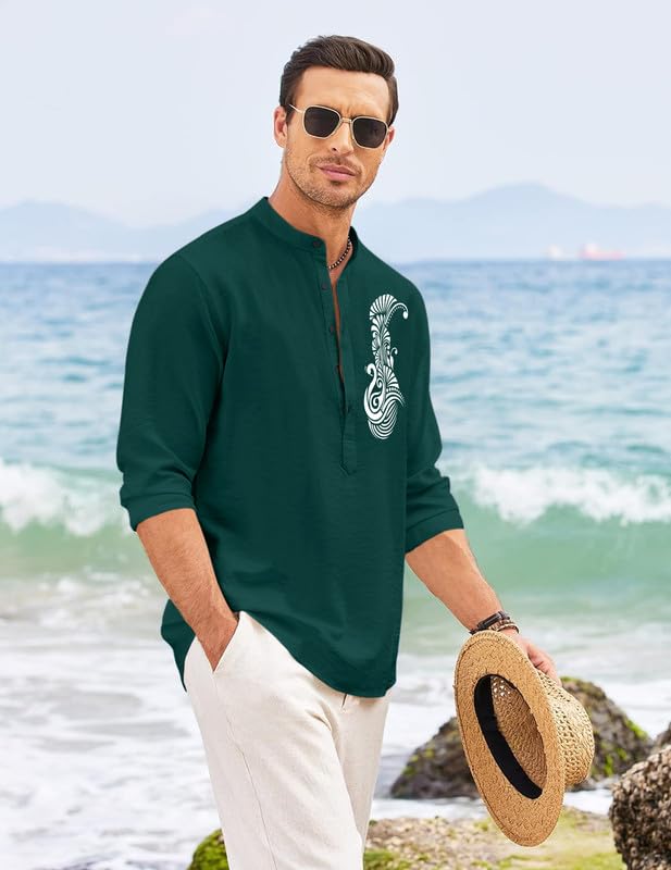 Image of FINIVO FASHION Men's Printed Cotton Blend Short Kurta with Artistic Chest Design | Stylish Full Sleeve Casual Kurta with Mandarin Collar for Daily, Travel Soft Textured