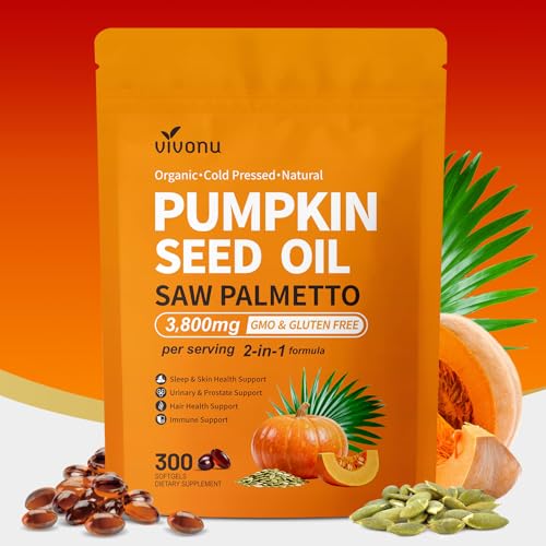 VivoNu Pumpkin Seed Oil with Saw Palmetto Capsules 3800mg 300 Softgels | Cold Pressed Pure Virgin Oil Essential Fatty Acids&Phytosterols | Supports Hair Urinary Bladder&Prostate Health|Non-GMO