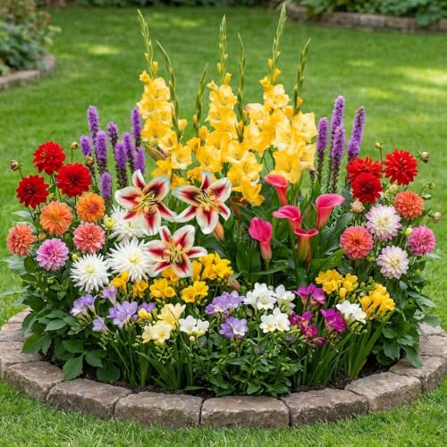 FLORIUM - 50 Sommerblumen zwiebeln Rainbow Mix 50 Blumenzwiebeln Gladiolen Dahlien Freesien Lilien Calla Liatris Exklusive Mischung aus Holland Mehrjährig Pflanzen für Garten (große Knollen)
