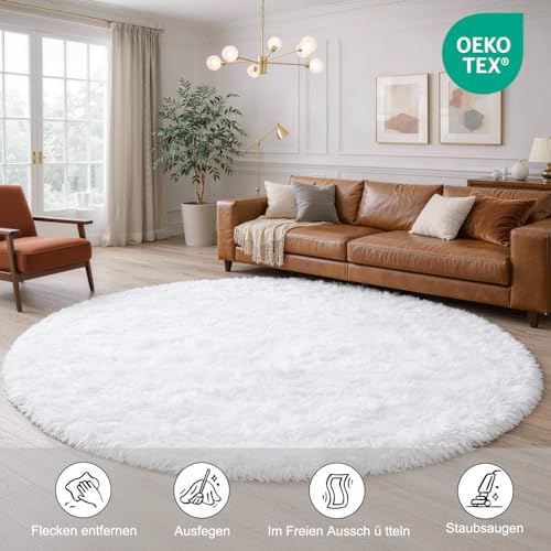ROHATIM Teppich Rund 100 cm Weiß Waschbar Rutschfester Runder Hochflorteppich Wohnzimmer Kinderzimmer Schlafzimmer Flauschig