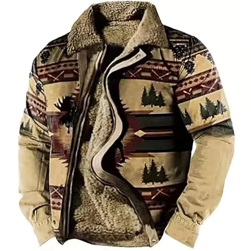 LOAIHA Men's Western Aztec Vintage Print Sherpa Fleece Lined Jackets Casual Zipper Winter Warm Jacket Coats