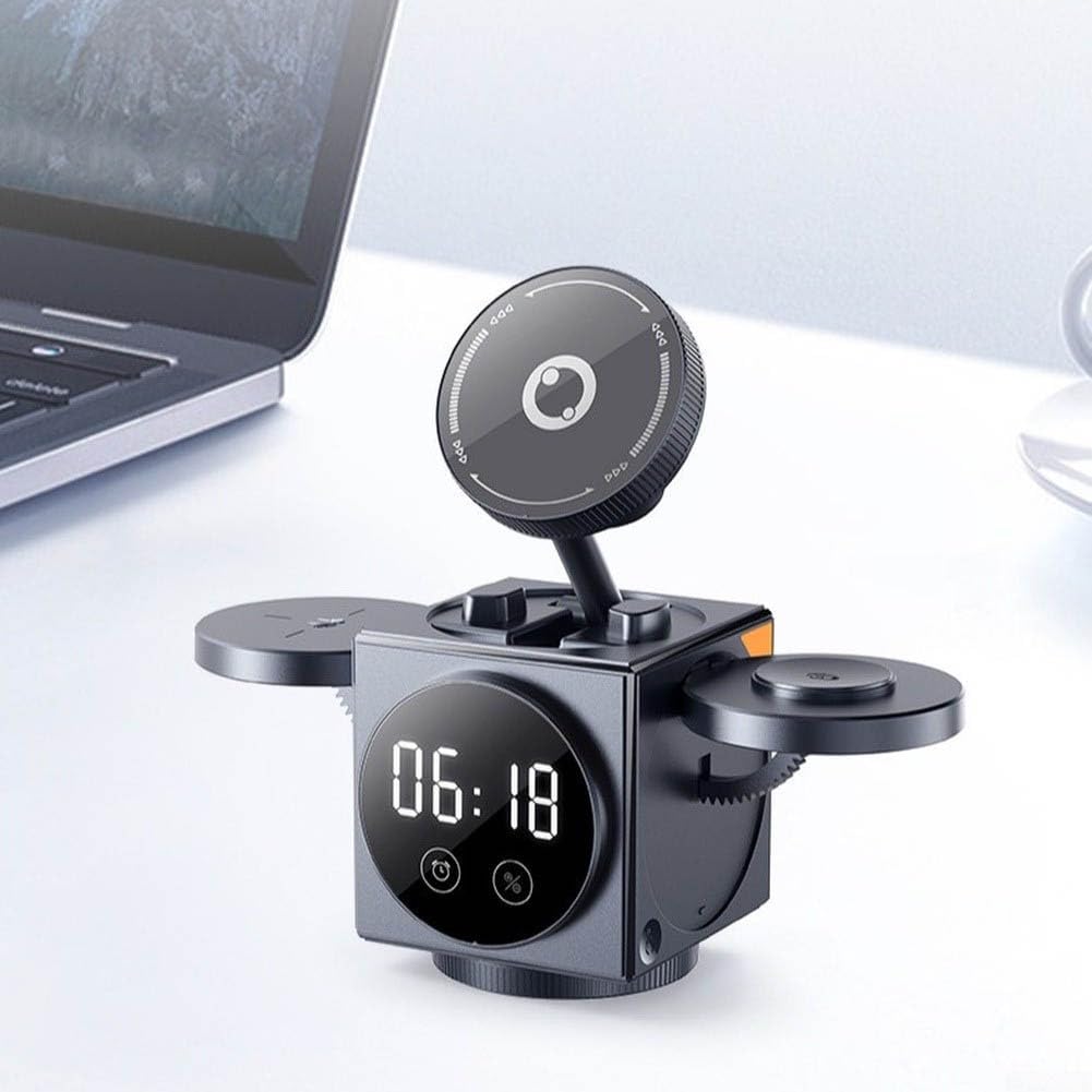 Cargador inalámbrico 3 en 1 para, estación de carga magnética de 15 W con soporte de luz de reloj para auriculares de reloj de teléfono uso simultáneo (gris oscuro)