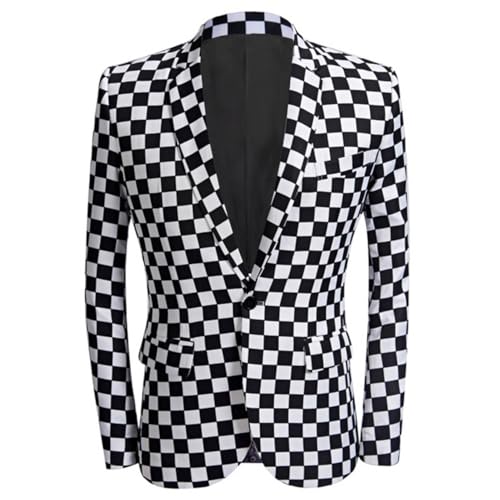 Men's Black and White Checkerboard Blazer One Button Suit Jacket for Daily Party