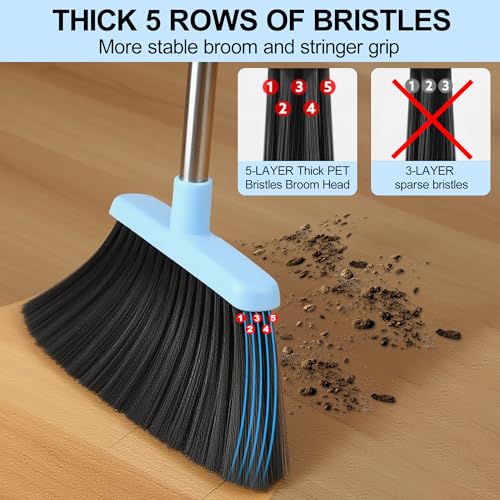 Image of BSKLIN Broom and Dustpan Set for Home, 52 inch Long Handle Broom Set with Dustpan Teeth to Clean Hair Sweeping Indoor and Outdoor (Blue)