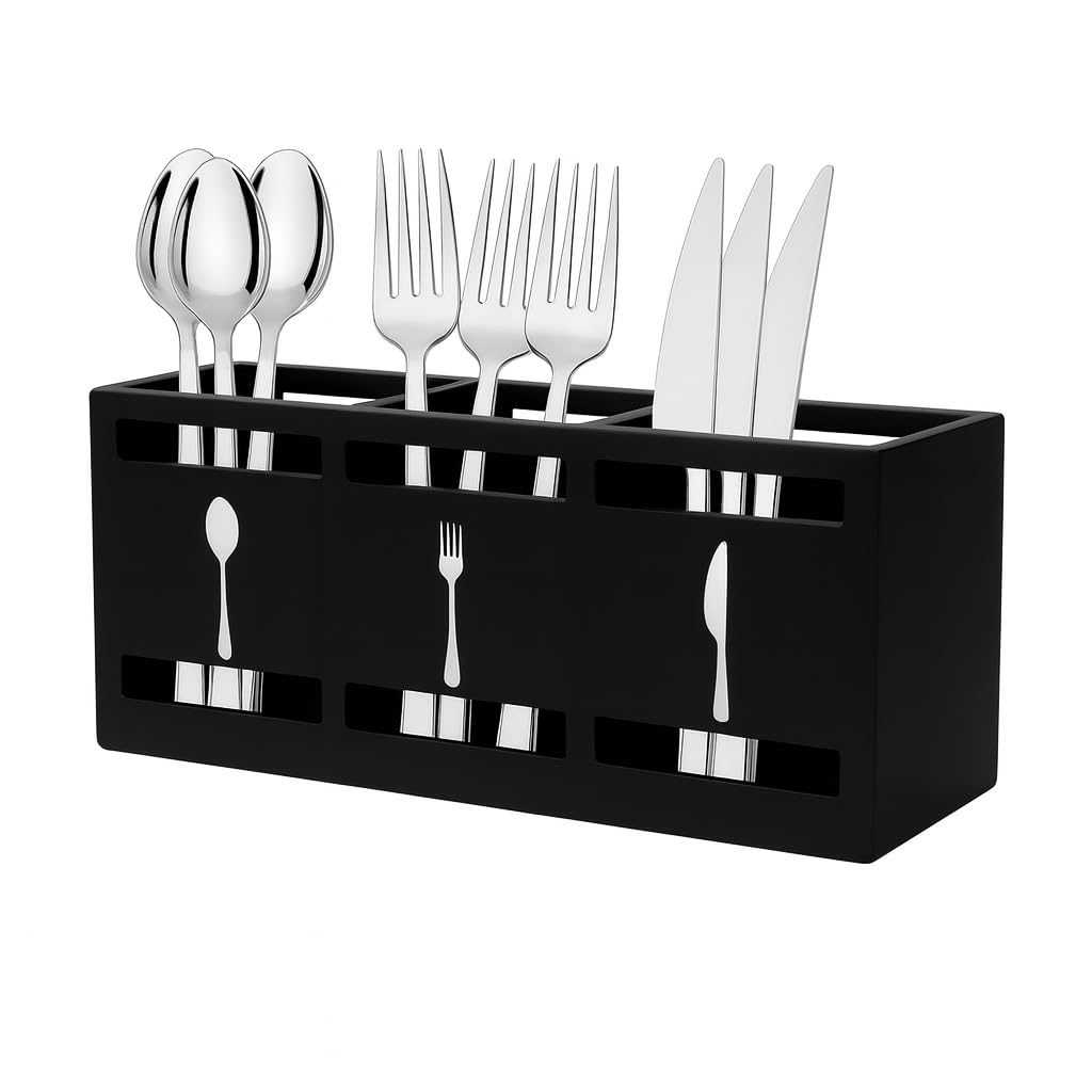 Utensilienhalter Küche Holz schwarz 3 Fächer – Besteckhalter & Küchenorganizer mit Griff & Anti-Rutsch-Pads, Aufbewahrung für Kochlöffel & Küchenhelfer