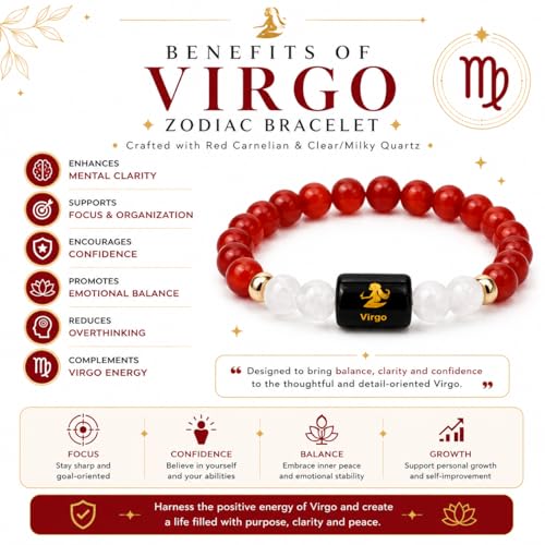 Image of Virgo Zodiac Bracelet (कन्या राशि) | Certified Healing Crystal for Focus, Confidence & Calm | Original Carnelian & MilkyQuartz Stone | Crystal Bracelet for Man & Woman | Gift for Man & Woman