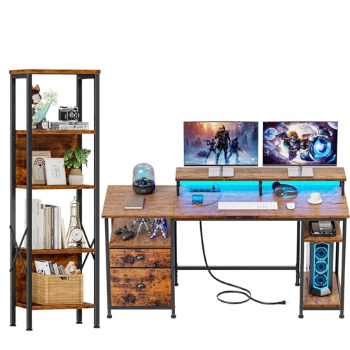 Furologee 61" Computer Desk and Bookshelf, Desk with Power Outlet and USB Ports, 5 Tier Tall Bookshelf with Back, Gaming Desk with Fabric File Cabinet and Monitor Stand, Rustic Standing Shelf