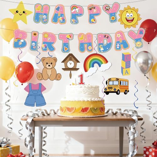 Image of Pink Blue Birthday Decorations - Cute Cartoon English Teacher Banner Garland Bunting with 8 Style Hanging Swirls for Little Girls Birthday Party Supplies