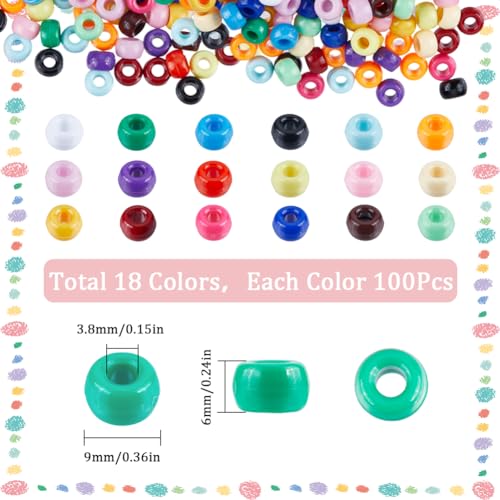 SUNNYCLUE 1800Pcs 18 Colors Pony Beads Bulk Opaque Pony Beads Purple Pink Black White Green Colorful Bead Kit 6X9mm Hair Braid Bead Large Hole Plastic Spacer for Jewellery Making Beading Kit - Image 2