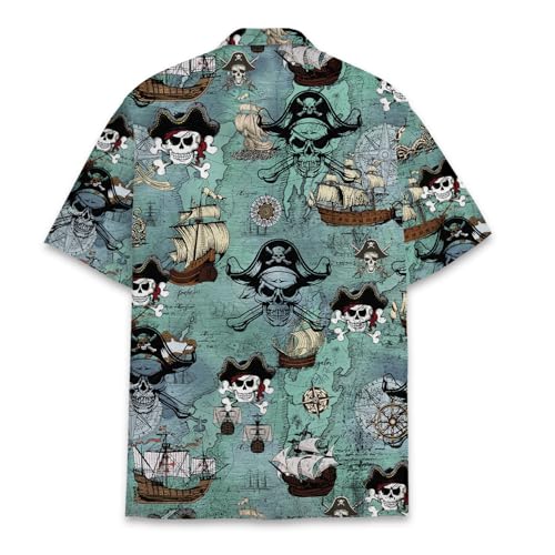 Pirate Skull Hawaiian Shirts for Men Women, Vintage Skull Pirate Treasure Map Shirt Button Down Short Sleeves2