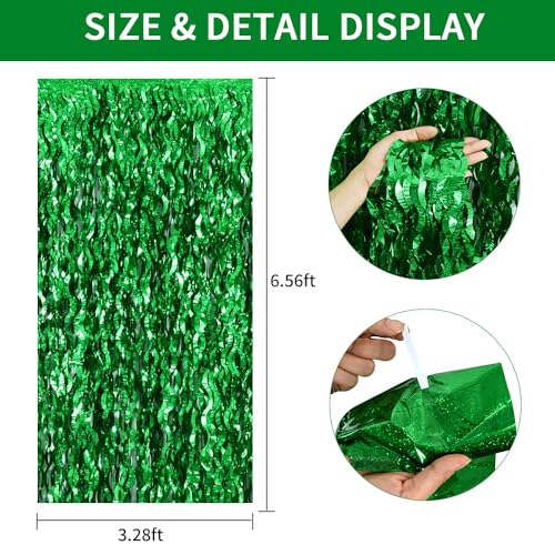 Image of TONIFUL 3Pcs Wavy Metallic Tinsel Foil Fringe Curtains Green Streamer Backdrop for Photo Booth Props,Party Door Wall Curtain,Bachelorette,Birthday,Christmas,Wild Woods Party Decor (9.9ft x 6.6ft)